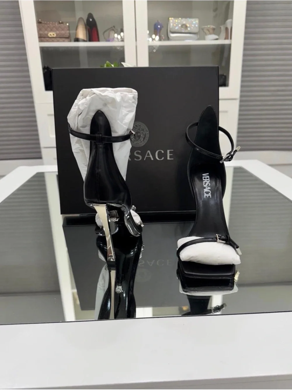 Versace Black High Heel Sandals with Silver Accents